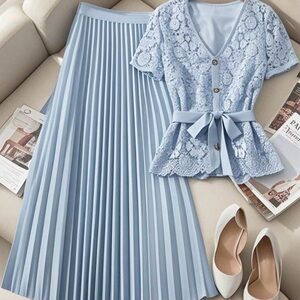 Elegant Blue Pleated Skirt and Matching Top
